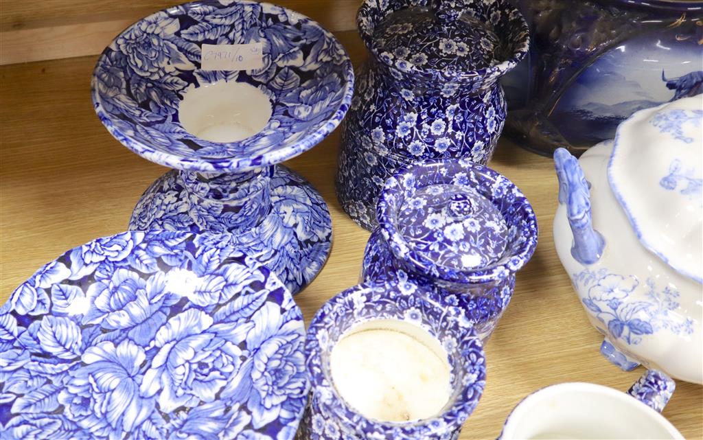 A group of Burleigh ware callico jugs and jars, soup tureen, ladle, butter dish and jardiniere